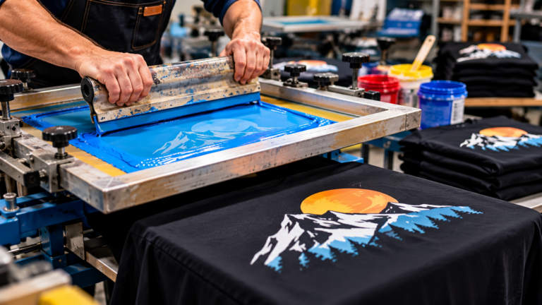 Serigrafi baskı tezgâhında elek kalıbı ve rakle kullanılarak siyah tişörte baskı uygulanması
